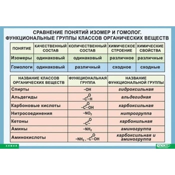Сравнение понятий изомер и гомолог. Функциональные группы классов органических веществ, 100x140 см